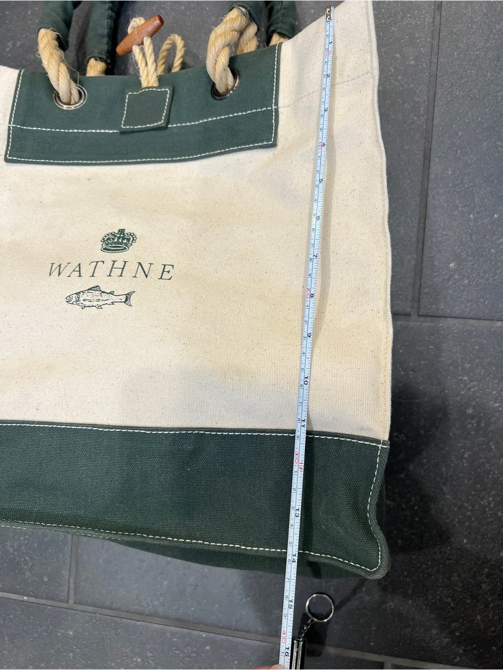 Wathne Cream and Dark Green Canvas Tote with Rope Handles
